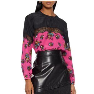 Red Valentino Lace-trimmed floral-print silk crepe de chine blouse, Size 38
